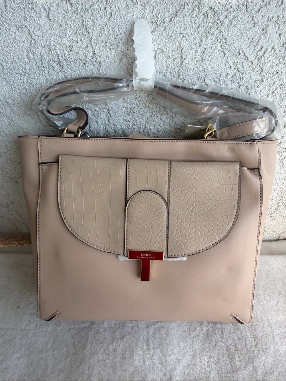 Trina turk Neutral Beige Croc-Accent Shoulder Bag